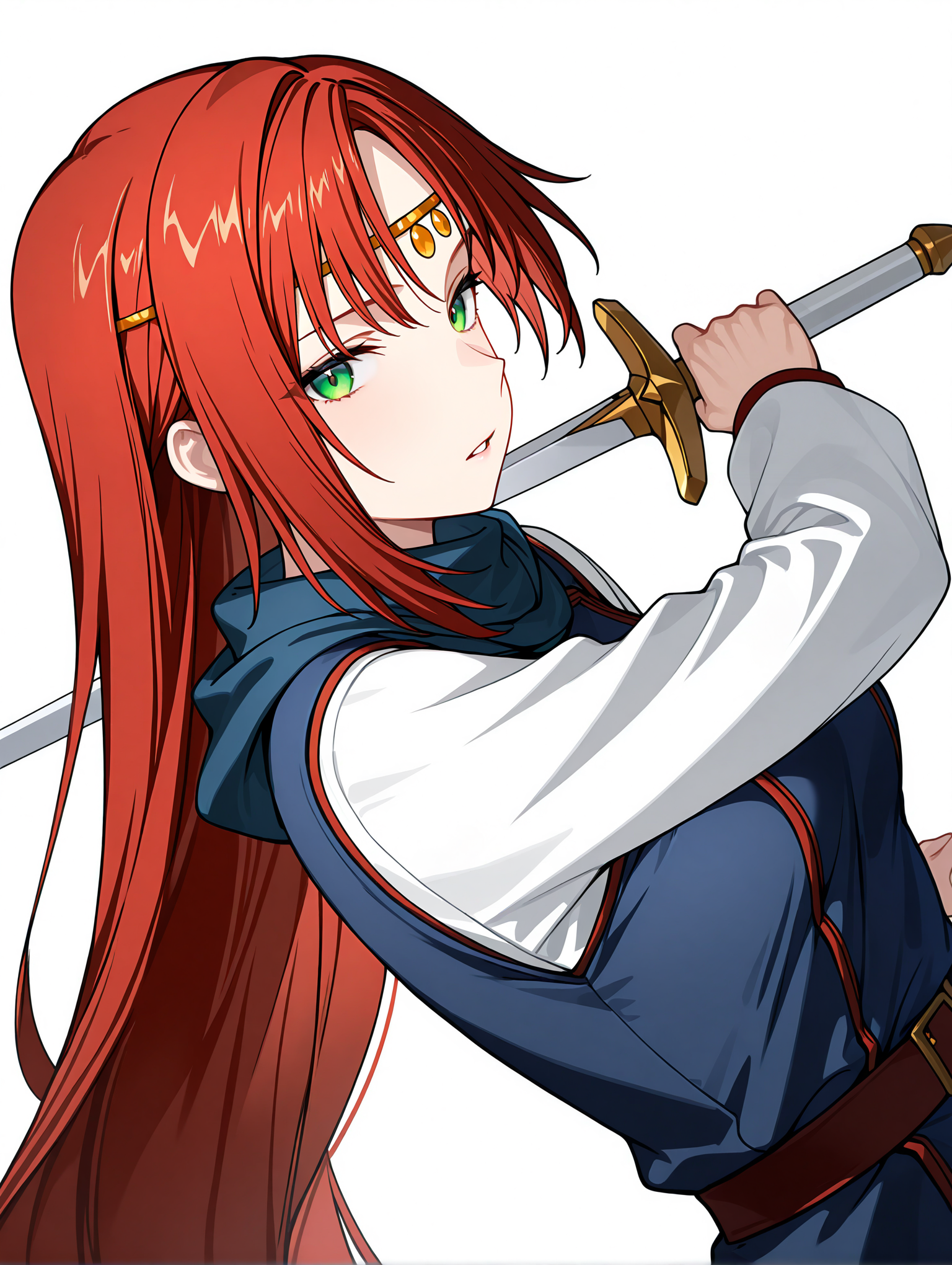 masterpiece,best quality,newest,absurdres,highres,very awa,
1girl,solo,
<lora:elenoa_ilxl_v3.9:1>,elenoa,red hair,very long hair,green eyes,
e_circlet,
e_02clothes,long_sleeves,white sleeves,blue clothes,
e_sword,holding sword,<lora:Fixhands_anime_bdsqlsz_V1:1>,dynamic_angle,cinematic_angle,white_background,simple_background,upper_body,looking_at_viewer,parted lips,profile,