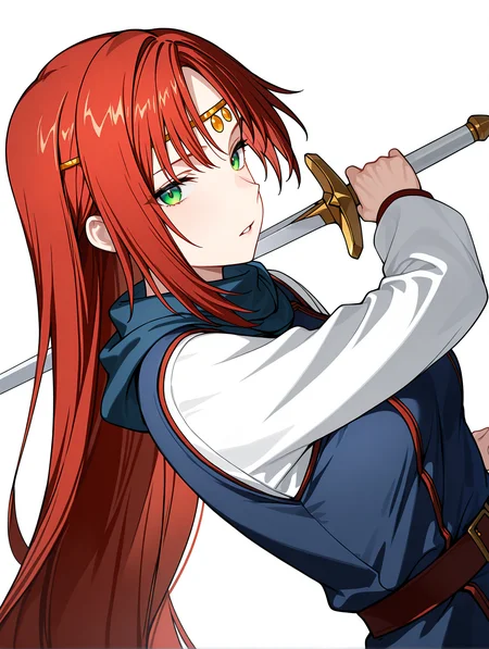 masterpiece,best quality,newest,absurdres,highres,very awa,
1girl,solo,
<lora:elenoa_ilxl_v3.9:1>,elenoa,red hair,very long hair,green eyes,
e_circlet,
e_02clothes,long_sleeves,white sleeves,blue clothes,
e_sword,holding sword,<lora:Fixhands_anime_bdsqlsz_V1:1>,dynamic_angle,cinematic_angle,white_background,simple_background,upper_body,looking_at_viewer,parted lips,profile,