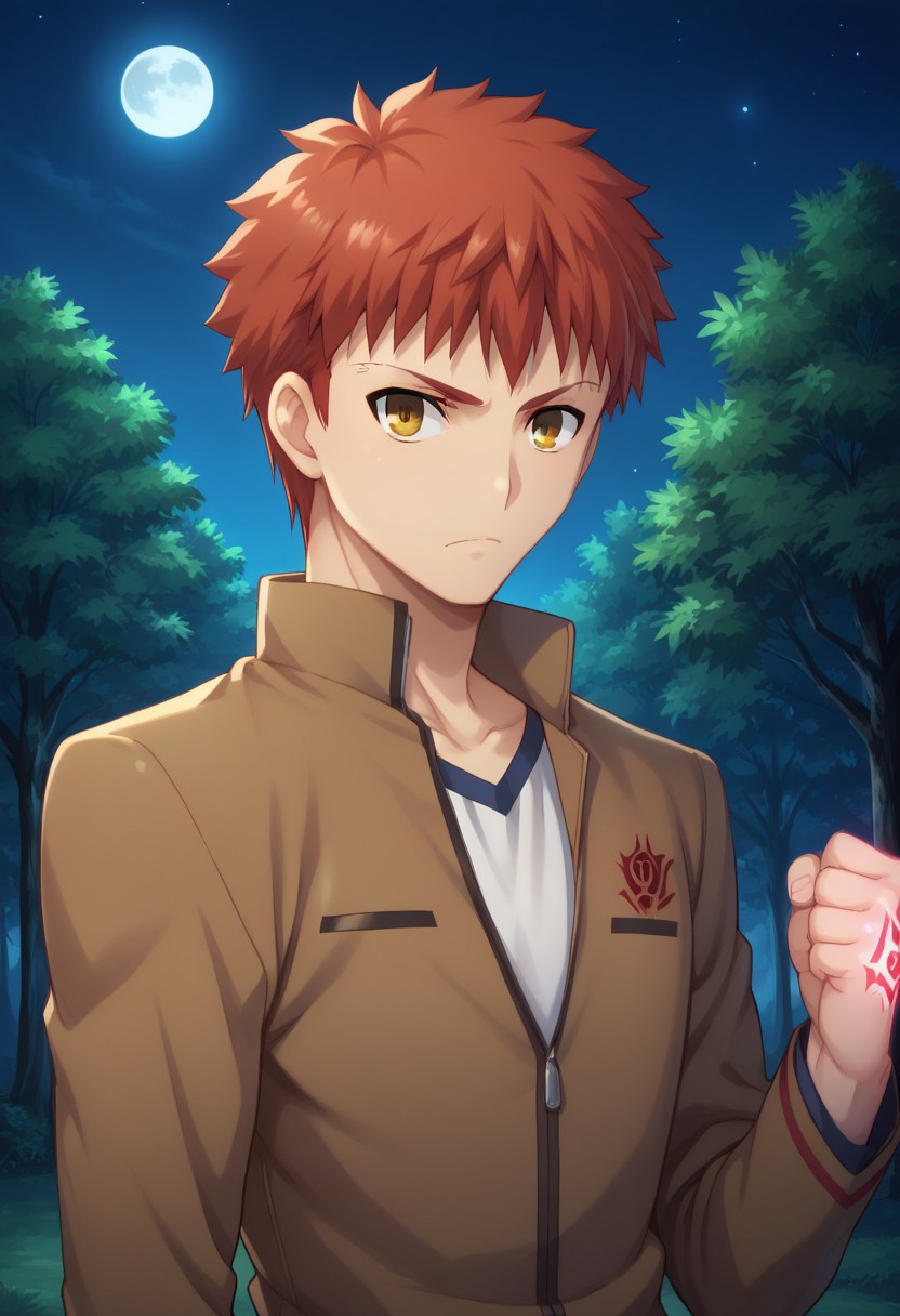 score_9, score_8_up, score_7_up, source_anime, highly detailed, 
shirouemiya, 1boy, male focus, homurahara academy school uniform, solo, school uniform, command spell on hand, yellow eyes, upper body, red hair, jacket, long sleeves,
brown jacket, looking at viewer, orange hair, shirt, closed mouth, raised hand, mark on hand, aura,
short hair, serious, closed fist
outdoor, trees, night, moon,