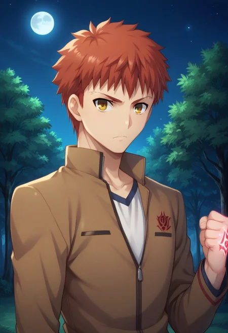 score_9, score_8_up, score_7_up, source_anime, highly detailed,
shirouemiya, 1boy, male focus, homurahara academy school uniform, solo, school uniform, command spell on hand, yellow eyes, upper body, red hair, jacket, long sleeves,
brown jacket, looking at viewer, orange hair, shirt, closed mouth, raised hand, mark on hand, aura,
short hair, serious, closed fist
outdoor, trees, night, moon,