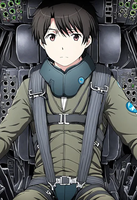 high resolution, solo, best quality, 1Boy, Inaho Kaizuka, Black Hair, Pilot, Cockpit, OverallDetail