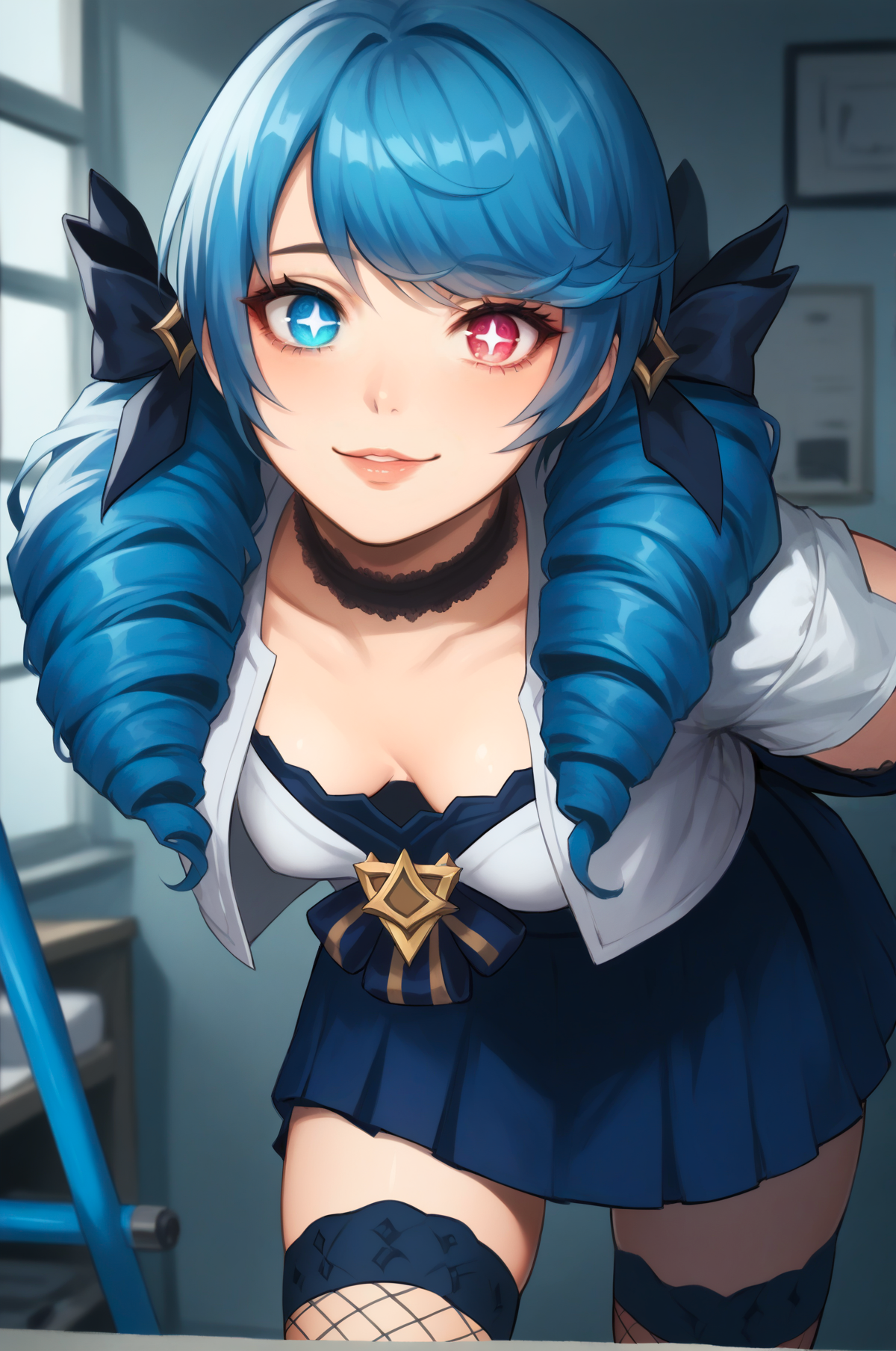 score_9, score_8_up, score_7_up, score_6_up, source_anime,
indoors, white wall, laboratory, medical,
1girl, gwen \(league of legends\), cowboy shot, depth of field, 
long hair, blue long hair, 
detailed eyes, heterochromia, tsurime, long eyelashes, symbol-shaped pupils, 
evil smile, closed mouth, parted lips, 
(blue lace choker:1.2), 
arms behind back, leaning forward, (blue elbow gloves:1.2), 
small breasts, 
blue shirt, (cropped jacket:1.3),  crop top
blue skirt, (blue fishnet thighhighs:1.2), 
<lora:league_of_legends_pony:0.9>,
 <lora:CamonomeV2:1>,
 <lora:Pony_DetailV2.0:1>