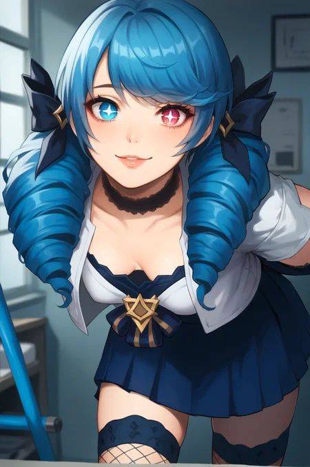 score_9, score_8_up, score_7_up, score_6_up, source_anime,
indoors, white wall, laboratory, medical,
1girl, gwen \(league of legends\), cowboy shot, depth of field, 
long hair, blue long hair, 
detailed eyes, heterochromia, tsurime, long eyelashes, symbol-shaped pupils, 
evil smile, closed mouth, parted lips, 
(blue lace choker:1.2), 
arms behind back, leaning forward, (blue elbow gloves:1.2), 
small breasts, 
blue shirt, (cropped jacket:1.3),  crop top
blue skirt, (blue fishnet thighhighs:1.2), 
<lora:league_of_legends_pony:0.9>,
 <lora:CamonomeV2:1>,
 <lora:Pony_DetailV2.0:1>