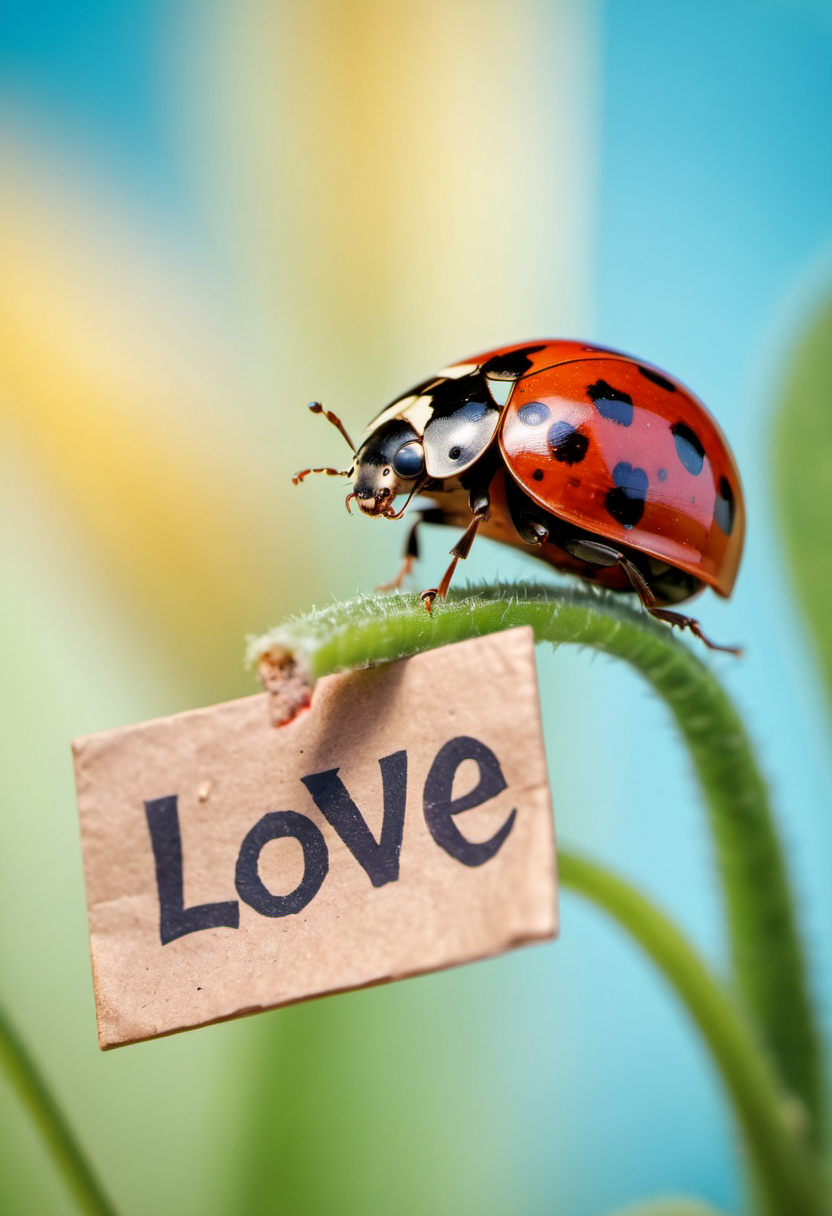 photograph of a ladybug, macro, zoomed shot, high quality, cinematic, holding a sign, "LOVE" written, anthromorphic