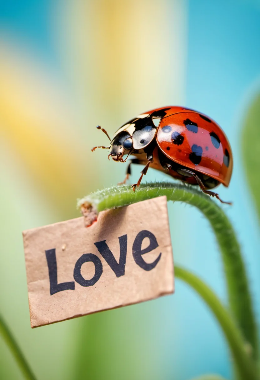 photograph of a ladybug, macro, zoomed shot, high quality, cinematic, holding a sign, "LOVE" written, anthromorphic
