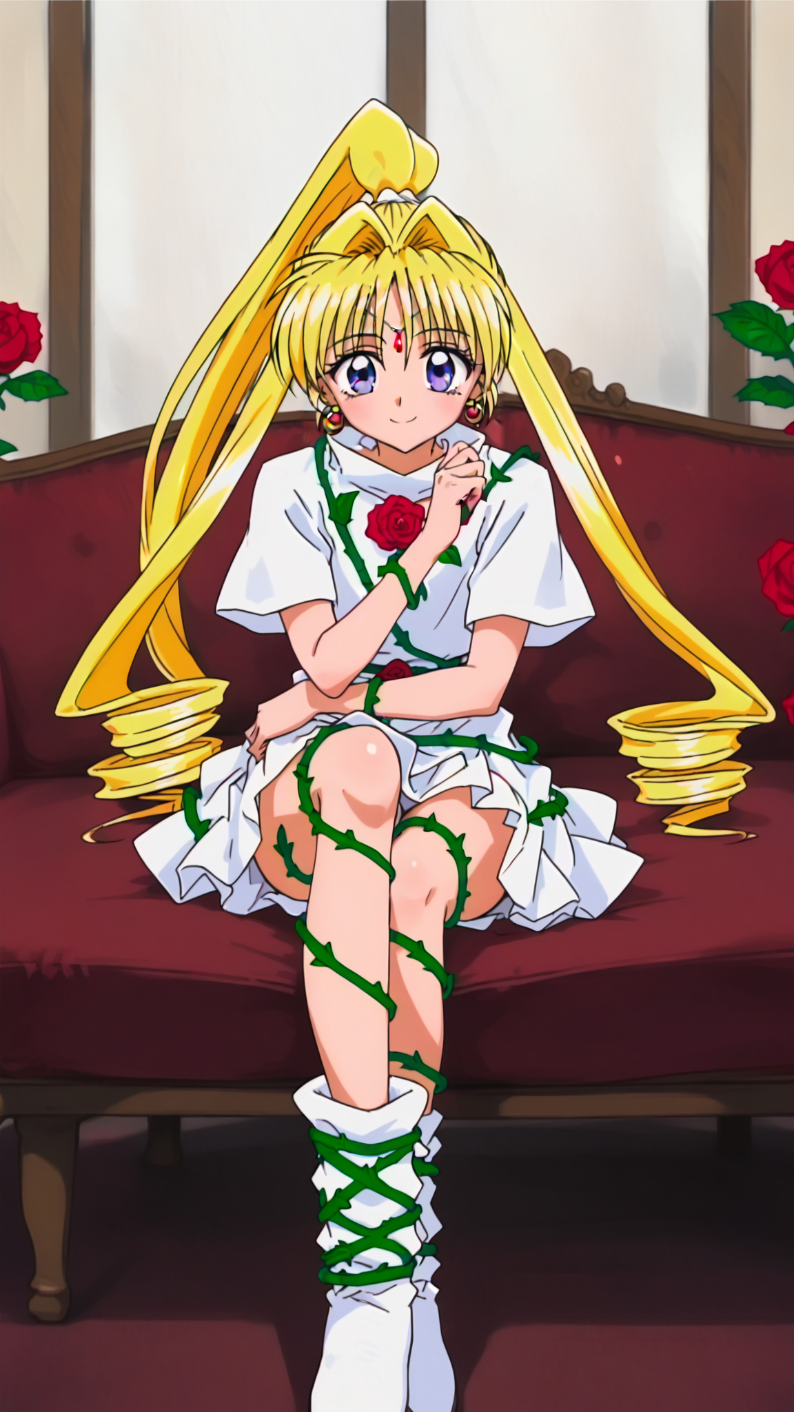 Solo, cute, score_9, score_8_up, score_7_up, KKJs2, artist A style, purple eyes, blonde hair, very long hair, high twintails, high ponytail, drill hair, forehead jewelry, earrings, transformation outfit,White outfit, short sleeves, standing collar, vines on outfit, white layered skirt, vines on skirt, vines on arms, vines on legs, roses on outfit, roses on skirt, bare hands, vines on legs, roses on legs, white boots, vines on boots, roses on boots, sit on sofa, crossed legs, front view, smile, head rest