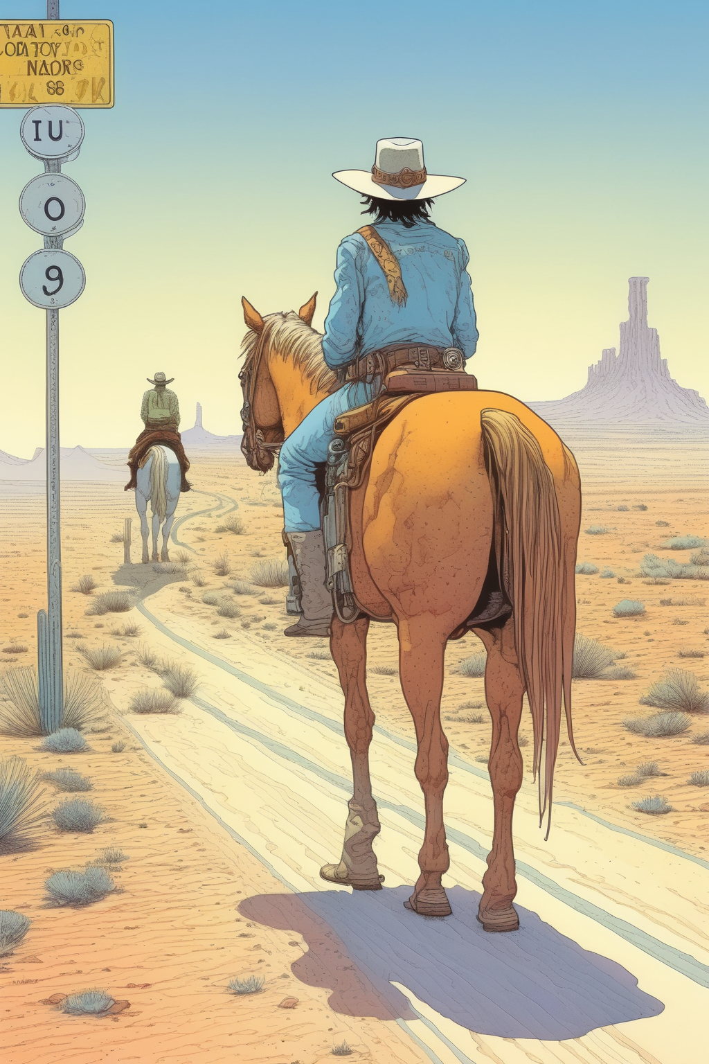 <lora:Moebius (Jean Giraud) Style:1>Moebius (Jean Giraud) Style - a cowboy traveler in a hat sits on a horse in the middle of the desert and looks at a road sign telling of a fork between crossing roads