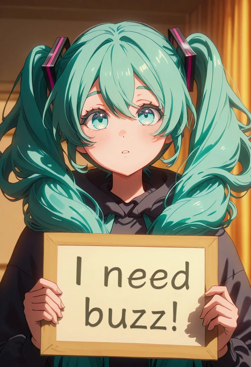 score_9, score_8_up, score_7_up, score_6_up,Enchanting Eyes, LDSCH Style, aesthetic, absurdres, beautiful, highres, detailed eyes,
Solo, 1girl,Hatsune Miku,((long twin tails hair)), tourquese eyes, tourquese hair, need_buzz, holding sign,