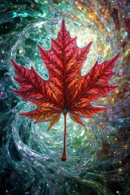 Acrylic, Translucent style, A single crimson maple leaf, spiraling in a maelstrom of fractal winds, captured with breathtaking hyper detail. The scene explodes in a riot of vibrant, otherworldly hues â emerald, sapphire, amethyst â swirling and fracturing into an intricate, kaleidoscopic pattern. Light fractures and refracts through the leaf's delicate veins, casting an ethereal glow. A feeling of fleeting beauty and boundless energy permeates the composition, as if the wind itself is a living entity, breathing life into the dance of color and form. The background dissolves into a shimmering nebula of fractal geometry, hinting at the infinite depths of the unseen universe.