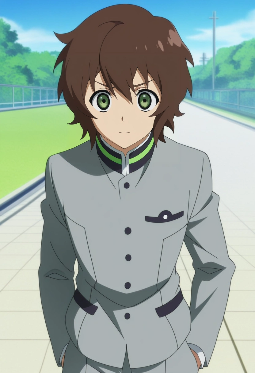 masterpiece, best quality, anime screencap, official style, anime coloring, cowboy shot, 1boy, solo, male focus, <lora:yoichi_saotome_ilxl:0.92>, yoichi_saotome, brown hair, green eyes, short hair, grey jacket, school uniform, day