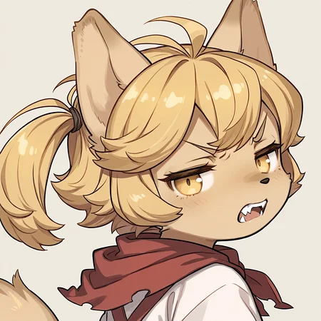 masterpiece, best quality, (absurdres), (highest quality), amazing quality, very aesthetic, no humans,
BREAK, <lora:Mei_Marzipan_Illustrious_V1:1>, mei marzipan, fuga: melodies of steel, kemono, furry female, 1girl, child, beige fur, blonde hair, yellow eyes, dog girl, animal ears, dog tail, dog ears, twintails, bangs,
BREAK, fuga 1 outfit, dress, red scarf,
BREAK, (solo), close-up, face focus, angry, snarl, fangs, narrowed eyes, curious, looking away, rear view, looking at viewer