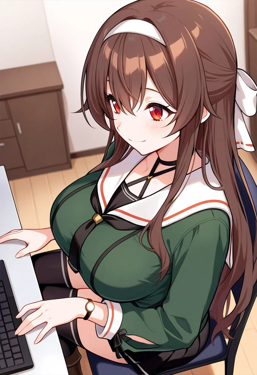masterpiece, high score, great score, absurdres, no blur, perfect anatomy, 1girl, solo, YaezawaNatoriDotLive, very long hair, brown hair, red eyes, eyelashes, large breasts, white hairband, hair bow on right side, black choker, criss-cross halter, black neckerchief, white sailor collar, green shirt, long sleeves, black skirt, miniskirt, black thighhighs, boots, light smile, indoors, room, sit on chair, computer, watch, from above, from side, depth of field, beautiful face, highly detailed faces and eyes, perfect hair, beautiful breasts