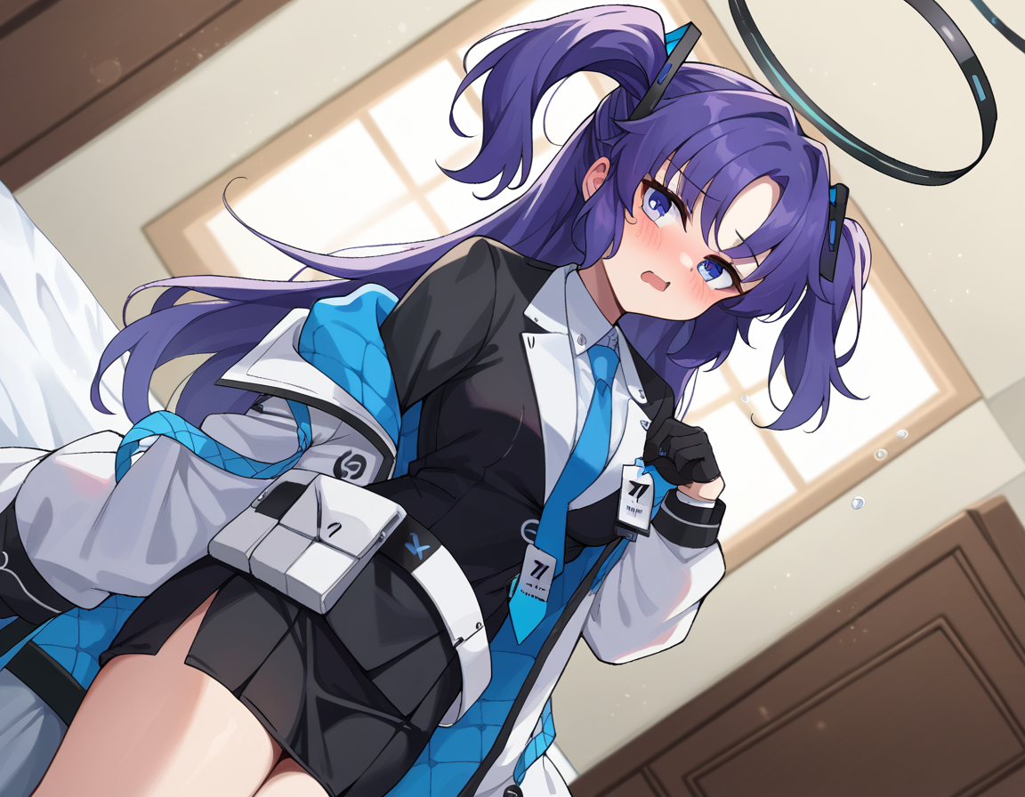 score_9, score_8_up, score_7_up, source_anime,
yuukahayase, <lora:yuuka-hayase-ponyxl-lora-nochekaiser:1>,
yuuka, blue eyes, halo, purple hair, two side up, long hair,
belt, black gloves, black suit, black skirt, blue necktie, gloves, halo, jacket, necktie, off shoulder, skirt, two-sided fabric, two-sided jacket, white belt, white jacket,
indoors, bed, bed room, on side, blush, drunk,
looking at viewer, dutch angle, cowboy shot,