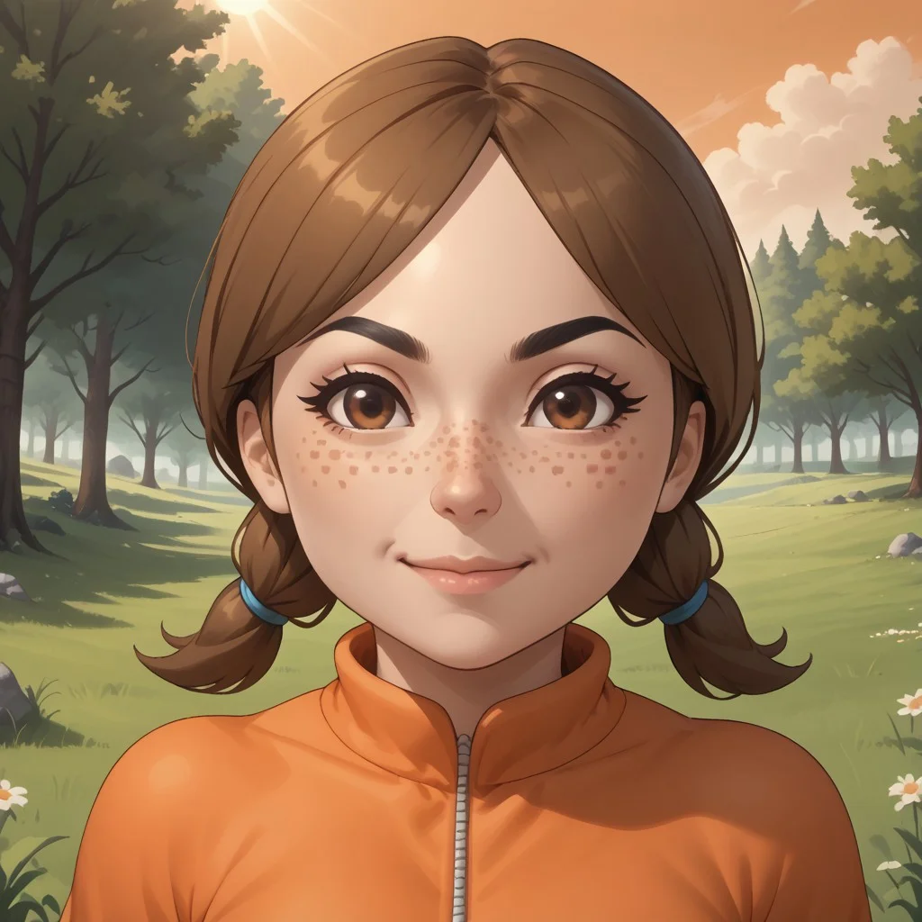 score_9, score_8, BREAK, solo, mii, wii, wii sports, 1girl, female mii, dark blonde hair, low ponytails, white skin, brown eyes, freckles, smile, black eyebrows, orange clothing, black pants, breasts, shoes, cute, Lucía_(\Wii_Sports\), Nintendo Mii, modern_mii, classic_mii, sexy pose, self portrait, smile, outdoors, sunlight, shadows, evening lighting, natural lighting, forest, trees, grass, orange sky, sunset