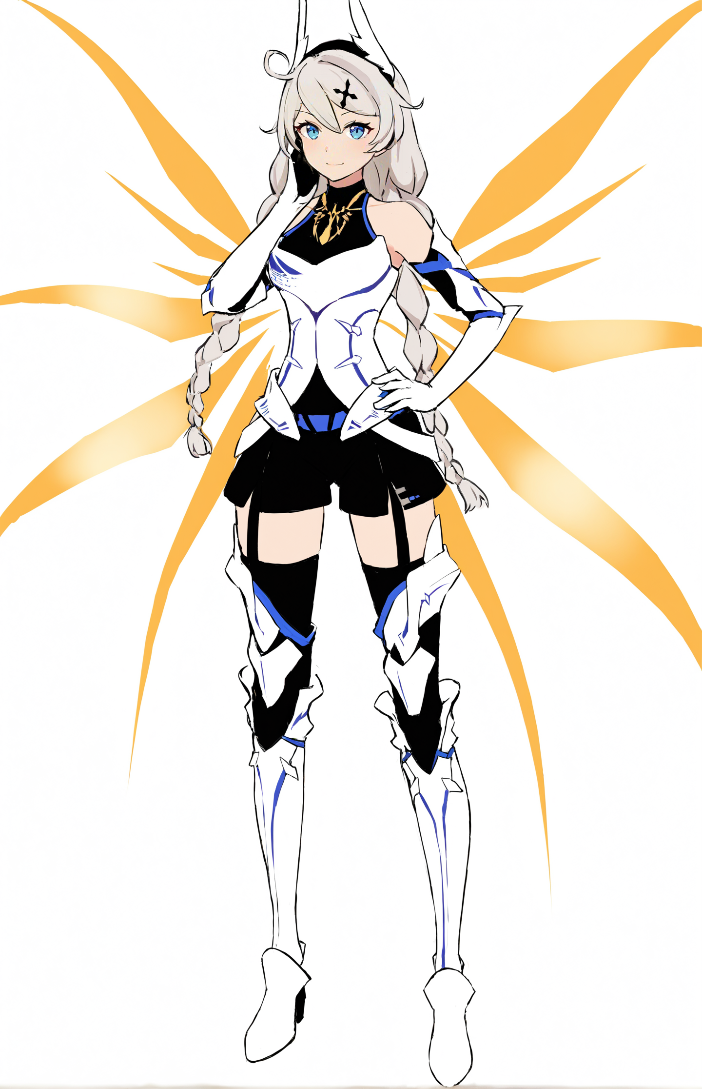 score_9, score_8_up, score_7_up, score_6_up, 8k, best quality, masterpiece, (ultra-detailed:1.1), (high detailed skin), 
(full body), (white background:1.1), standing, looking at viewer, (solo), hand on hip, 
<lora:kiana-young-kohaku-Tanger-000011:0.8>, kiana kaslana, yueguang, 3rd clothes, 1girl, blue eyes, long hair, braid, thighhighs, boots, bangs, hair ornament, bare shoulders, twin braids, energy wings, elbow gloves,
(beautiful_face), ((intricate_detail)), clear face, 
((finely_detailed)), fine_fabric_emphasis, 
((glossy)), full_shot,