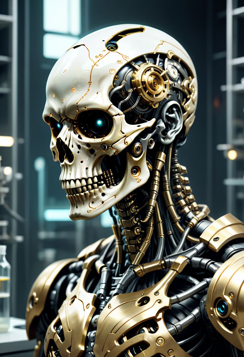 gold tribal warpaint tattoos on skull, Cyberpunk,sci-fi,dark-fantasy,kodak portrait 400,8k,soft light,volumetric lighting,highly detailed,britt marling style 3/4,portrait photo of a war man cyborg robot in a chemical laboratory + face,face is skullbone, intricate,elegant,highly detailed,white and gold,2D motifs detailed dark fantasy digital painting,artstation,concept art,smooth,sharp focus,illustration. Cosmic light in backfront,