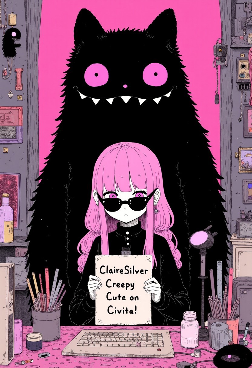cr33p, wide shot of a ultra cool mysterious goth girl with pink hair wearing black sunglasses, sitting at a computer in a tech infused bedroom, a black spirit monster stands behind her, she is holding a sign that reads, "ClaireSilver CreepyCute Lora on Civitai!", bright color scheme, key visual, vibrant, studio anime, highly detailed