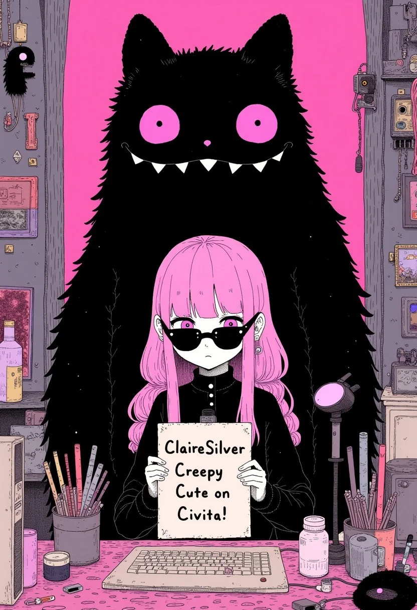 cr33p, wide shot of a ultra cool mysterious goth girl with pink hair wearing black sunglasses, sitting at a computer in a tech infused bedroom, a black spirit monster stands behind her, she is holding a sign that reads, "ClaireSilver CreepyCute Lora on Civitai!", bright color scheme, key visual, vibrant, studio anime, highly detailed