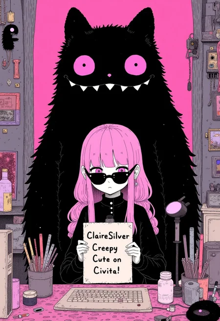 cr33p, wide shot of a ultra cool mysterious goth girl with pink hair wearing black sunglasses, sitting at a computer in a tech infused bedroom, a black spirit monster stands behind her, she is holding a sign that reads, "ClaireSilver CreepyCute Lora on Civitai!", bright color scheme, key visual, vibrant, studio anime, highly detailed