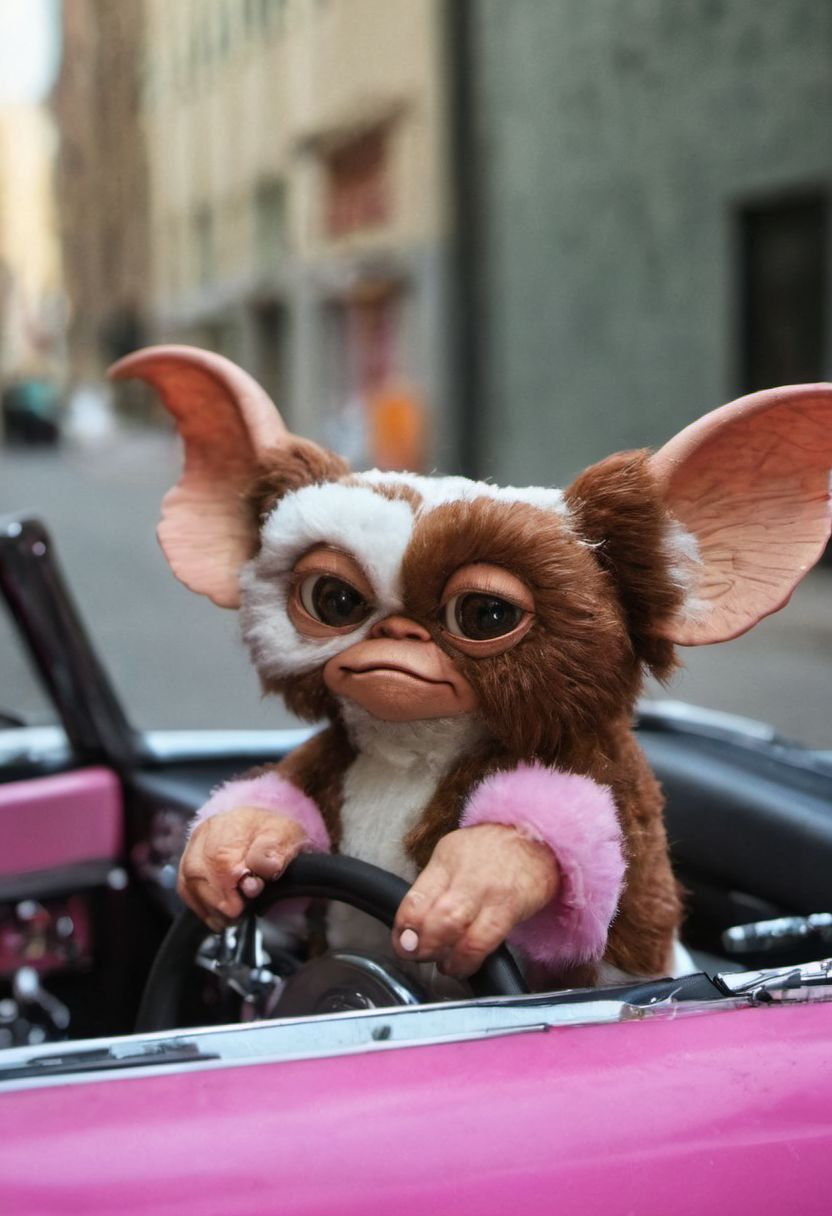 #giz#, (gremling driving a pink convertible car toy , Hands the steering, wheel down, hair moving through speed  :1.0) , amazing world, vivid colors, detailed , portrait in street of city, ( ultrarealist photography :1.3)