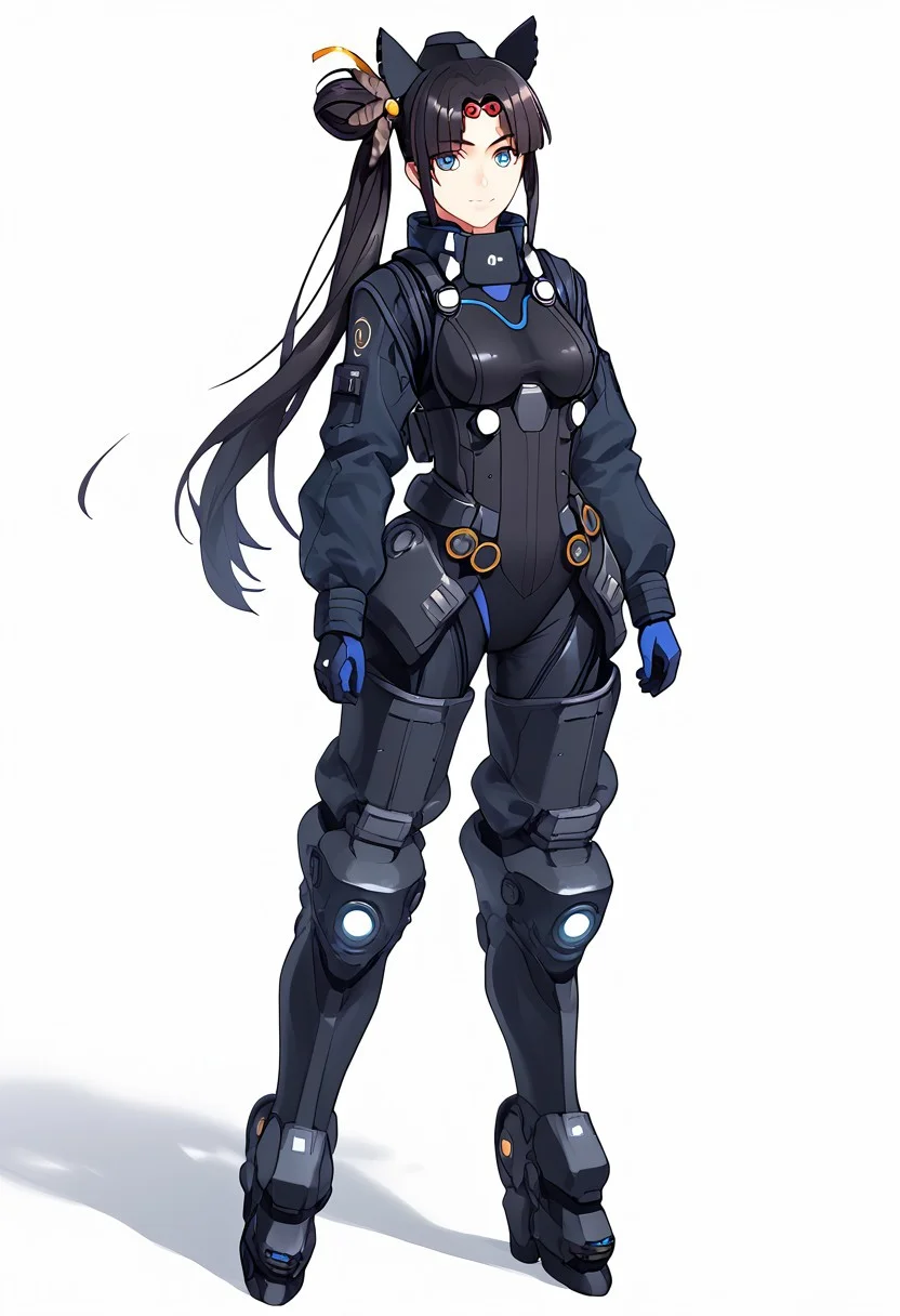 1girl, black hair, very long hair, blue eyes, hair bun, side ponytail, circlet, hair ornament, head wings, feathers, leotard, mecha, high collar, power suit, mechanical gloves, Mechanical Boots, Head-Mounted Display, simple background, white background, <lora:Mashu:1> contraposto, cowboy shot <lora:Ushiwaka:1>, score_9, score_8_up, score_7_up, score_6_up, score_5_up, score_4_up, BREAK source_anime, masterpiece, full body, zoom out, looking at viewer, black inner clothes, mature, black inner pants,