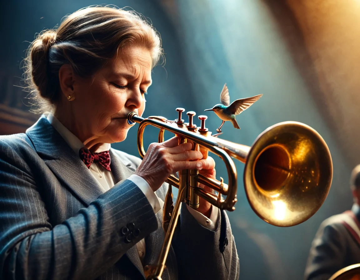 cinematic still musicianlora, bird playing trumpet . emotional, harmonious, vignette, 4k epic detailed, shot on kodak, 35mm photo, sharp focus, high budget, cinemascope, moody, epic, gorgeous, film grain, grainy, musicianlora, bird playing trumpet, intricate, elegant, highly detailed, wonderful colors, sharp focus, professional composition, dramatic ambient, dynamic light, beautiful, enhanced quality, very inspirational, cinematic, stunning, creative, attractive, thought, iconic, perfect background, fine, full color, epic, best, winning, hopeful, pretty, clear, crisp, artistic