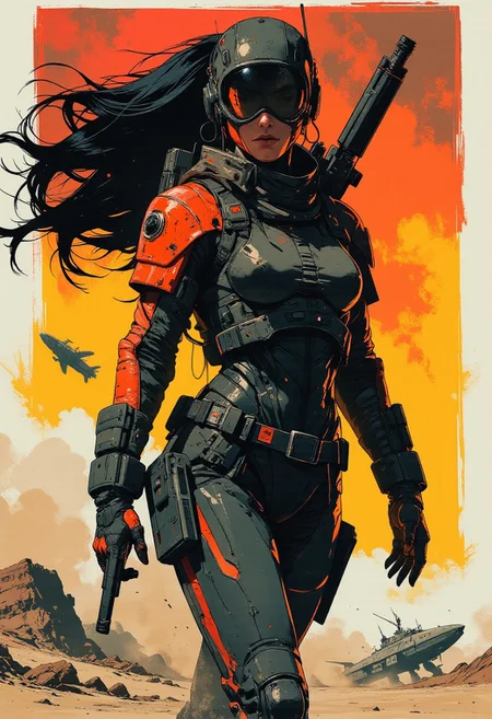 in the style of ck-mgs, nistyle, Inkplash art on rice paper, sepia, henna, Silhouette Art, magnificent, inksplash, closeup portrait, female bounty hunter, flowing black hair, reflective black and neon red armor, futuristic armor, a rifle strapped to her back, holstered pistol, holding hand up, abstract background suggesting a harsh desert world, Spaceships flying overhead, dust storm, windy, 
Cowboy Shot, close up,