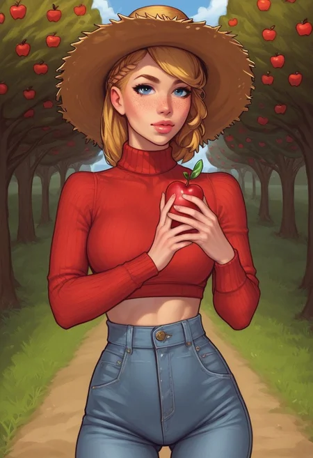 Beauty young clean face, ((in half a turn view)), Highly detailed, looking at viewer, from the front 1 girl, illustration, Skinny, masterpiece quality, best quality, realistic drawing, anime style by Sam Yang,
Sharp, highly detailed 2D illustration,
Hyperrealism, soft light, sharp features.
Character Details: 1female, 23 years old, farm jeans clothing, red sweater long brown french braid hair, freckles, (The straw hat), she holds a red apple in hand, blue eyes, bright colors, high resolution, best quality, slim waist, wide hips
BREAK
standing, looking at viewer
BREAK
Dynamic action pose, ((fully clothed))
Background: (apple trees from back:1.9)
score_9, score_8_up, score_7_up, score_6_up, source_cartoon, rating_explicit, Expressive, (((((upper body))))), dynamic pose