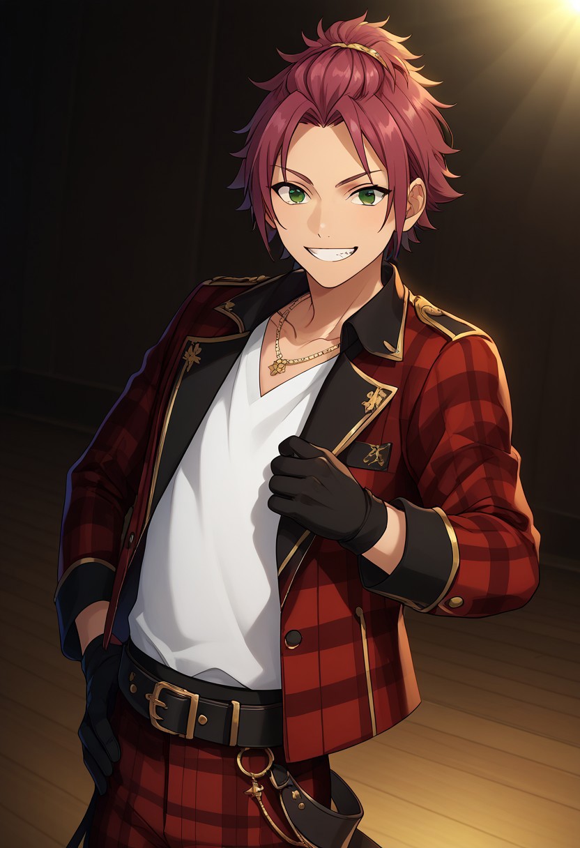 score_9, score_8_up, score_7_up, source_anime, highly detailed, 
maoisara, 1boy, male focus, solo, smile, gloves, green eyes, black gloves,
jewelry, necklace, upper body, plaid, plaid pants, 
grin, pants, looking at viewer, purple hair, trickstar red uniform, bangs pinned back, red jacket, red pants, white shirt,
indoor, stage