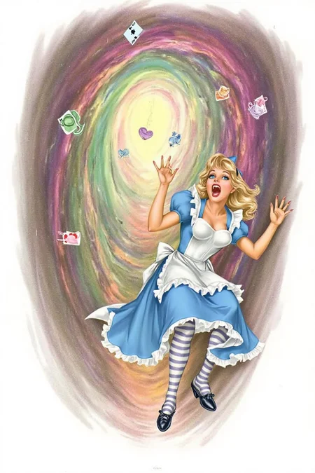 a1bertova illustration.
Overhead view of Alice in Wonderland falling into the rabbit hole, with her legs dangling beneath her. She is looking upward, her face filled with shock and terror as she screams. Her blue dress and white apron billow out around her as she tumbles, while her striped stockings and black shoes are visible below. The rabbit hole is a swirling, chaotic mix of vibrant colors, playing cards, teacups, and other Wonderland objects floating around her. Soft glowing light emanates from the tunnel walls, adding an eerie, fantastical feel to the scene. The sense of motion and fear is palpable as Alice falls deeper into the unknown. The background is stark white. <lora:albertova1_cap_d6a3e11:1.0><lora:820985554419170358:0>