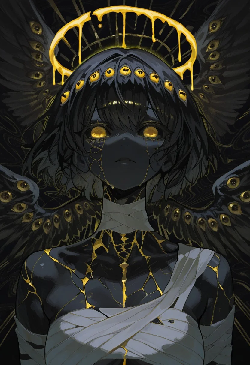 1 girl , black sclera , yellow eye , black skin , bandaged body , halo , (glowing halo) , dripping halo , cracked skin , gold ingot ,  looking at viewer , eye wings , extra eyes ,
masterpiece, best quality, good quality, very awa , newest , highres , absurdres , 7481llu , bl4ckb0x_style , Shiun_(siun_5513) , abstract background , abstract ,