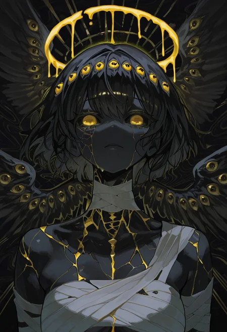 1 girl , black sclera , yellow eye , black skin , bandaged body , halo , (glowing halo) , dripping halo , cracked skin , gold ingot ,  looking at viewer , eye wings , extra eyes ,
masterpiece, best quality, good quality, very awa , newest , highres , absurdres , 7481llu , bl4ckb0x_style , Shiun_(siun_5513) , abstract background , abstract ,