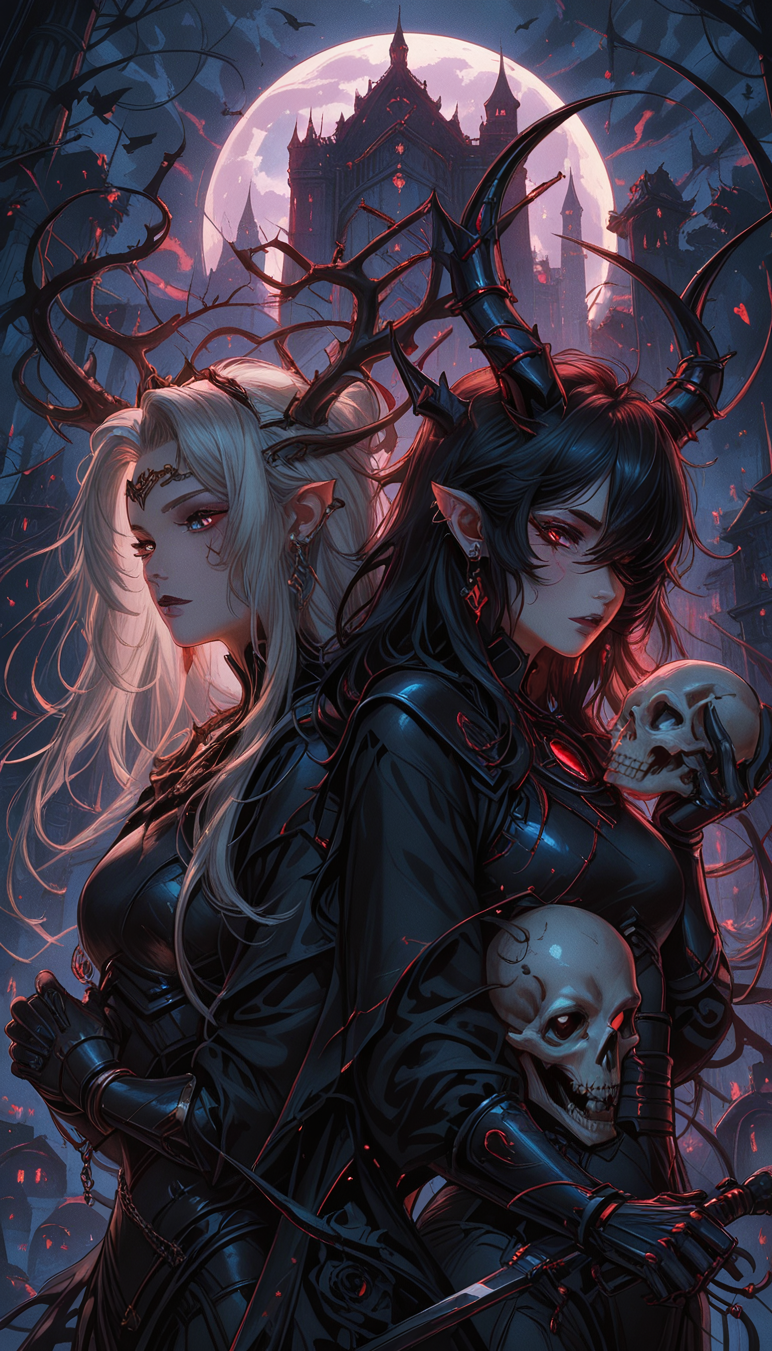 masterpiece, Shinkaistyle, STYLE_PONYXL_guweiz_ownwaifu,
pinkretroanime, retro art,
Cyberpunk Style, cyberpunk, science fiction, hi tech, future tech, neon, (Cybernetics:1.25), (Neon Cityscape:1.4), (lineless:1.5), smooth edges, (lighten the face:1.5), tall body, slender body, fit body, long legs, In the eerie expanse of a night-soaked forest, two central characters stand as the focal point of this haunting tableau. The character on the left is garbed in tattered black robes, their face obscured by a skull mask, adding to the macabre atmosphere. They clasp a large, menacing knife with an expression of malicious intent. To their right, another character exudes an air of ancient sorcery. Dressed in elaborate armor that seems to be crafted from bone and horn, they wield a staff adorned with skulls and a banner bearing the sinister symbol of a castle, suggesting a connection to dark lore or a lost kingdom. The background is a grotesque tapestry of twisted trees and gnarled roots, their silhouettes stark against the moonlit sky. Dark, ominous shadows cast by the characters' costumes and armor intensify the foreboding mood. The forest floor is scattered with fallen leaves, hinting at the passing of autumn. The overall color palette is dominated by dark blues and blacks, punctuated by the eerie glow of moonlight filtering through the canopy of branches overhead. A soft mist rises from the ground, adding a dreamlike quality to this nocturnal scene. The composition and elements in this image evoke a sense of unease and ancient evil., long hair, breasts, looking at viewer, bangs, multiple girls, black hair, hair ornament, red eyes, gloves, long sleeves, dress, holding, 2girls, animal ears, hair between eyes, jewelry, medium breasts, closed mouth, standing, upper body, weapon, flower, white hair, grey hair, earrings, outdoors, parted lips, wings, horns, sky, pointy ears, black gloves, sword, cloud, hand up, necklace, cape, nail polish, holding weapon, armor, hair over one eye, black dress, bracelet, tree, lips, fingernails, parted bangs, grey eyes, torn clothes, eyelashes, makeup, night, rose, chain, bird, animal, scar, facial mark, piercing, eyepatch, moon, ring, own hands together, cross, bug, tiara, plant, white flower, lipstick, slit pupils, brooch, demon horns, shoulder armor, gauntlets, building, gem, butterfly, ear piercing, pale skin, black nails, night sky, interlocked fingers, cloak, claws, full moon, eyeshadow, long fingernails, dragon horns, skull, ghost, circlet, breastplate, one eye covered, headpiece, fantasy, sharp fingernails, branch, back-to-back, vambraces, horn ornament, scales, own hands clasped, antlers, bat \(animal\), architecture, ruins, vines, white eyes, crescent moon, skeleton, black horns, pillar, castle, bone, tower, crack, crow, thorns, black flower, gothic, tombstone, black lips, arch, cracked skin, very long fingernails, torn, graveyard, asymmetrical horns, animal skull, holding skull, contrast