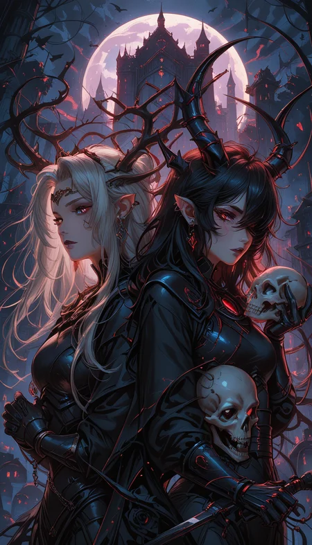 masterpiece, Shinkaistyle, STYLE_PONYXL_guweiz_ownwaifu,
pinkretroanime, retro art,
Cyberpunk Style, cyberpunk, science fiction, hi tech, future tech, neon, (Cybernetics:1.25), (Neon Cityscape:1.4), (lineless:1.5), smooth edges, (lighten the face:1.5), tall body, slender body, fit body, long legs, In the eerie expanse of a night-soaked forest, two central characters stand as the focal point of this haunting tableau. The character on the left is garbed in tattered black robes, their face obscured by a skull mask, adding to the macabre atmosphere. They clasp a large, menacing knife with an expression of malicious intent. To their right, another character exudes an air of ancient sorcery. Dressed in elaborate armor that seems to be crafted from bone and horn, they wield a staff adorned with skulls and a banner bearing the sinister symbol of a castle, suggesting a connection to dark lore or a lost kingdom. The background is a grotesque tapestry of twisted trees and gnarled roots, their silhouettes stark against the moonlit sky. Dark, ominous shadows cast by the characters' costumes and armor intensify the foreboding mood. The forest floor is scattered with fallen leaves, hinting at the passing of autumn. The overall color palette is dominated by dark blues and blacks, punctuated by the eerie glow of moonlight filtering through the canopy of branches overhead. A soft mist rises from the ground, adding a dreamlike quality to this nocturnal scene. The composition and elements in this image evoke a sense of unease and ancient evil., long hair, breasts, looking at viewer, bangs, multiple girls, black hair, hair ornament, red eyes, gloves, long sleeves, dress, holding, 2girls, animal ears, hair between eyes, jewelry, medium breasts, closed mouth, standing, upper body, weapon, flower, white hair, grey hair, earrings, outdoors, parted lips, wings, horns, sky, pointy ears, black gloves, sword, cloud, hand up, necklace, cape, nail polish, holding weapon, armor, hair over one eye, black dress, bracelet, tree, lips, fingernails, parted bangs, grey eyes, torn clothes, eyelashes, makeup, night, rose, chain, bird, animal, scar, facial mark, piercing, eyepatch, moon, ring, own hands together, cross, bug, tiara, plant, white flower, lipstick, slit pupils, brooch, demon horns, shoulder armor, gauntlets, building, gem, butterfly, ear piercing, pale skin, black nails, night sky, interlocked fingers, cloak, claws, full moon, eyeshadow, long fingernails, dragon horns, skull, ghost, circlet, breastplate, one eye covered, headpiece, fantasy, sharp fingernails, branch, back-to-back, vambraces, horn ornament, scales, own hands clasped, antlers, bat \(animal\), architecture, ruins, vines, white eyes, crescent moon, skeleton, black horns, pillar, castle, bone, tower, crack, crow, thorns, black flower, gothic, tombstone, black lips, arch, cracked skin, very long fingernails, torn, graveyard, asymmetrical horns, animal skull, holding skull, contrast