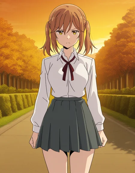 official style,an natsue,brown hair,twintails,yellow eyes,school uniform,red neck ribbon,white shirt,gray pleated skirt,(Autumn Backgrounds:1.1),(Sunset),(in the evening),(solo:1.4),
explicit,(anime screencap), 2d cel anime,anime cap,anime,anime style,anime cel,cell shaded,dutch angle,soft brightness,perfect face,perfect nose, perfect hair, perfect eyes,perfect female body,perfect skin,a face of perfect proportion,perfect lighting,perfect anatomy,perfect proportion,perfect hands,perfect legs,perfect fingers,masterpiece,hair between eyes,
medium large breasts,
best quality,very aesthetic,absurdres,16k,intricate detail,amazing quality,(bold:3.12),thick outline,black outline,harsh lines,soft lines,deluster,boldline,curvy,(anime coloring:1.2), annoyed,slim,(hat:-1),
looking at viewer,frontal face,front face,front view,straight-on,from right in front of face and body,
super fine illustration,detailed linework,vibrant colors,kawaii,flat color,outdoors,
(pov:1.7),
<lora:è±ã¯å²ãä¿®ç¾
ã®å¦ã夿±æillustriousHana_wa_Saku_Shura_no_GotokuAn_Natsueillustrious-000016:1:0.8>