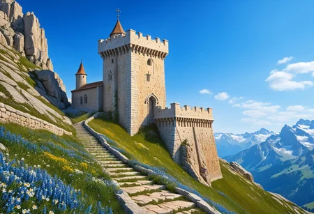 a crusader watchtower on a (tall rock spire), (13th Century:1.5), a stairway to the keep, doorway, very wide shot, far out shot, fantasy, blue sky, alpine meadow flowers, best quality, masterpiece, realistic, photo-realistic, amazing, finely detail, ultra-detailed, highres, extremely detailed, 8k wallpaper
