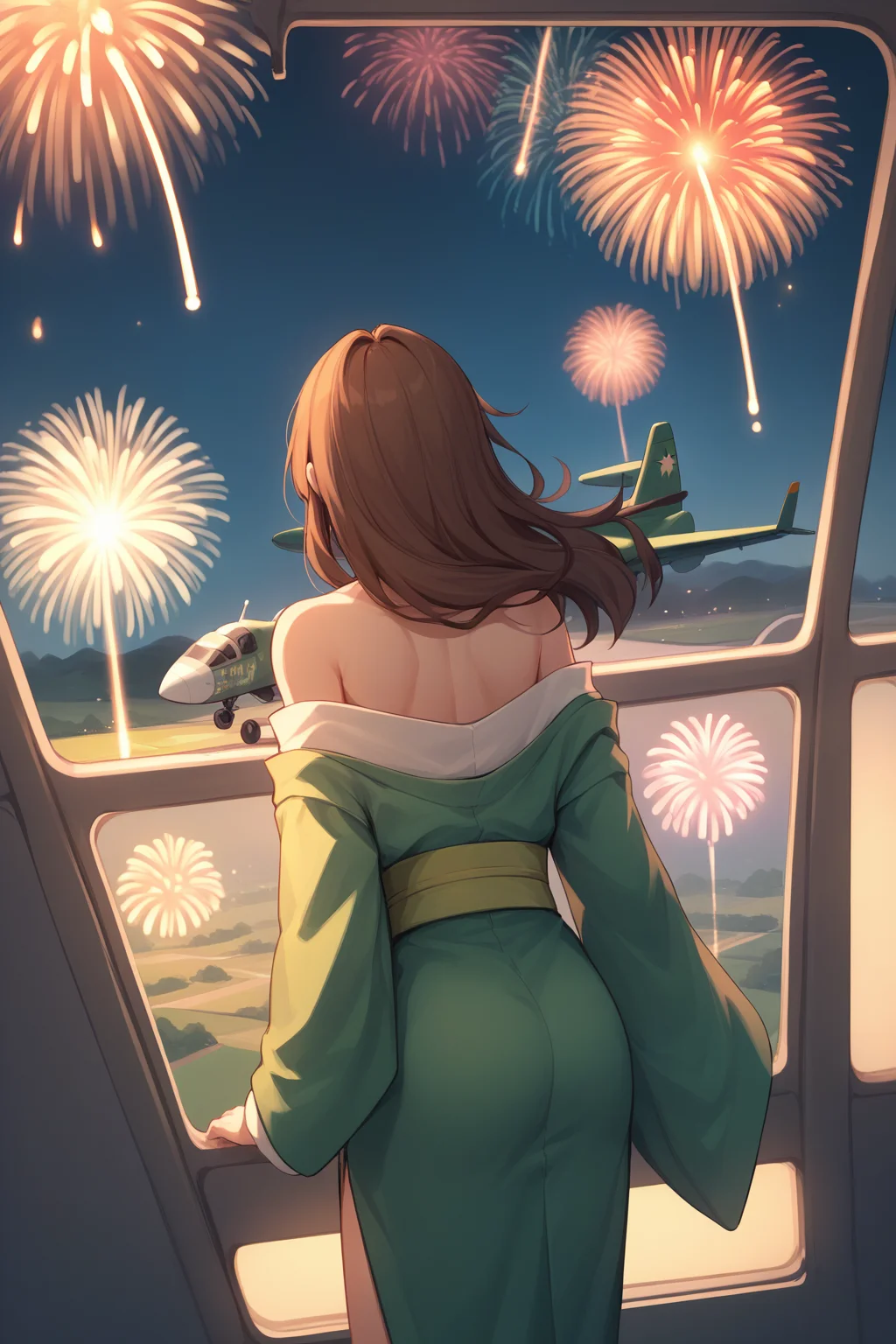 score_9, score_8_up, 1girl, solo,<lora:NSAlicePortia:1> NSAlicePortia, brown hair, long hair, green kimono, bare shoulders, fireworks, falling plane, from behind, indoors,