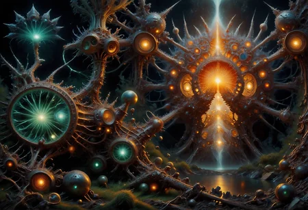 This is a highly detailed fractalex digital painting in a neoclassicism style a compelling use of (snellâs law) how light travels through the lenses of spheres creating a gateway to other dimensions through an Electrified spectrum of fractal separation into multidimensional gateways with views of spiral galaxy, before entering a newdimension. precise fractal design, flowing curves, precision, colorful fractal geometry, harmonic interference, dismrt style, realism, detailed digital illustration, photo manipulation, altered realities, digital artistry, striking visuals, chiroscuro lighting, masterpiece, best quality, highres, high detail, sharp focus, detailed background, light reflection, photo-realistic,  <lora:Epic_gorgeous_Details-flux.1:0.5> <lora:Amazing_scenery_v1:1> <lora:P-Mystic-Fusion_v10:0> <lora:flux.1_lora_surreal-tones_v1:0> <lora:RealisticDigitalPainting-flux:0.6> <lora:Electrified_Flux_v1:1> <lora:Dorota_Pietrowiak-Flux:0.3> <lora:best_of_flux_v30_rank64_bf16-step01750:0.65> <lora:ral-frctlgmtry_flux:0.65> <lora:fractalex:0.5441650390625> <lora:-_Flux1_-_vanta_black_V2.0:1>