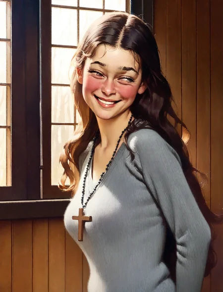 masterpiece, best quality, very aesthetic, absurdres,

1girl, pretty, embarrassed smile, long hair, (rosary around neck:0.9), gray sweater, large window, vertical wood panels, smile,

norman rockwell style,