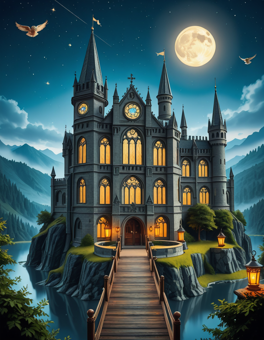 A majestic, ancient castle perched on a rocky hill, serving as a prestigious school for young wizards. The castle is a grand structure with towering spires, intricate gothic architecture, and large stained-glass windows that glow with magical energy. The stone walls are covered in ivy, and enchanted lanterns float around the entrance, casting a soft, mystical glow. A massive wooden bridge leads to the main gate, suspended over a misty, enchanted lake that reflects the moonlight. In the background, rolling green hills and dense, fog-covered forests surround the school, adding an air of mystery. The sky is a deep twilight blue, with stars twinkling and a full moon shining brightly. Some windows in the castle emit warm, golden light, hinting at classrooms filled with spellbooks and students practicing magic. A few owls are seen soaring above, delivering messages. The atmosphere is magical, mysterious, and full of wonder, as if the castle itself is alive with enchantments.
<lora:SDXLFaeTastic2400:0.4> <lora:extremely_detailed:0.4> extremely detailed,ancient c4stl3, <lora:ancient_c4stl3-i:1>, Masterpiece,best quality,hi res,8k,hi res,8k,award winning,(sharp focus, intricate, highly detailed),