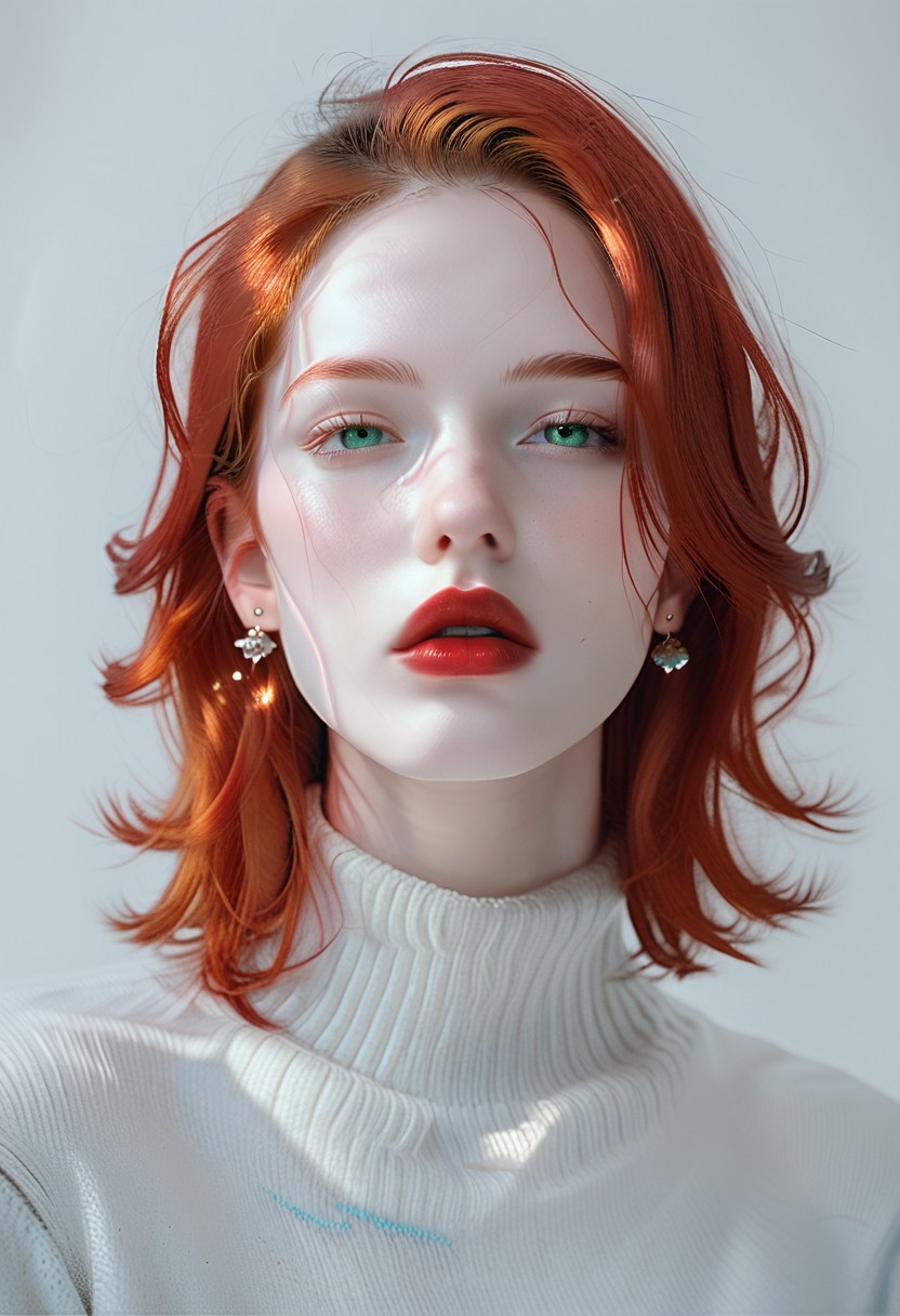 score_9, score_8_up, score_7_up, BREAK, ctdrm, dreamy, 1girl, solo, helencollins, jewelry, sweater, earrings, portrait, parted lips, lips, simple background, red lips, long hair, red hair, green eyes, pale skin, light blush, soft lighting, ethereal mood
