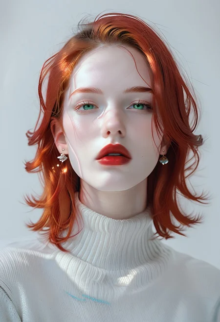 score_9, score_8_up, score_7_up, BREAK, ctdrm, dreamy, 1girl, solo, helencollins, jewelry, sweater, earrings, portrait, parted lips, lips, simple background, red lips, long hair, red hair, green eyes, pale skin, light blush, soft lighting, ethereal mood