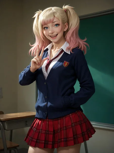score_9, score_8_up, score_7_up, score_6_up, score_5_up, score_4_up, realistic,
1girl, yariko <lora:yariko_(jk_bitch)-PD-1.0:1>,
school uniform, pose, v, standing, smile, open mouth