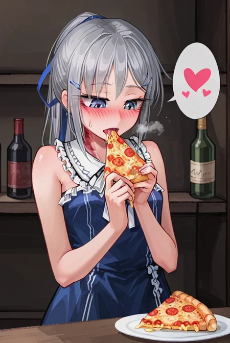 score 9,score 8 up,score 7 up,rating questionable,detailed background,aroused,cinematic lighting,dynamic lighting,uncensored,
,sylvie <lora:sylvie.pony:1>
steaming body,sensual,alluring,sweatdrop,heavy breathing,(spoken heart),silver hair, ponytail,blue ribbon,
blue-dress,sleeveless,
hud_e4ting,holding pizza slice,holding food,eating,<lora:eating_slice_of_pizza:0.6>,open mouth,
Intimate Portuguese Fado Bar,softly glowing lanterns and flickering candles,saliva,half-closed eyes, looking down,