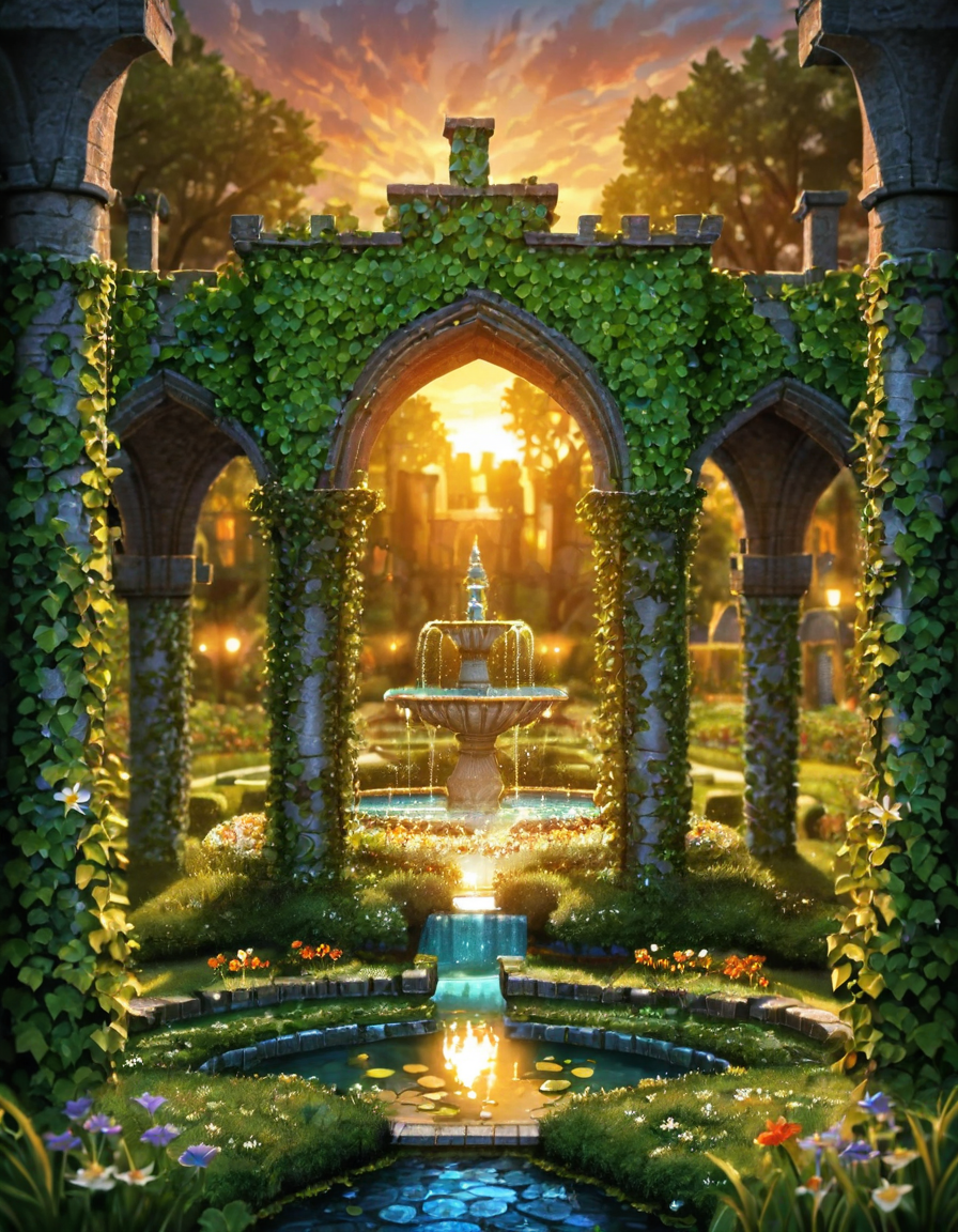 <lora:MW_Minis02xlc:1> m1md, medieval, epic, epic details, epic scale, absurdres, outdoors, closeup, arches, medieval square garden, bokeh, noone, lights, vegetation on walls, grass, illuminated windows, sunset, pond, vegetation, trees, flowers, 
fountain, columns, climbing ivy,