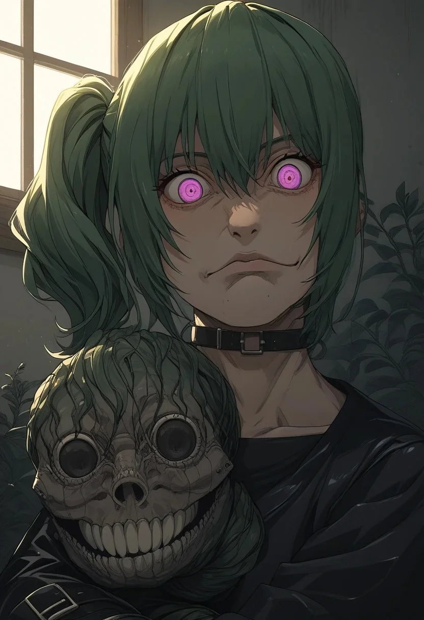 score_9, score_8_up, score_7_up, score_6_up, <lora:p3tl0v3XLP:1> ubel, green hair, purple eyes, evil eyes,
smirk,
bangs, hair between eyes, side ponytail,
athletic body,
black choker, halterneck, collarbones,
pleated skirt, black sleeveless dress,
(hugging a cute Litwick, looking at viewer, latex, belt, bondage, restrained, ),
inside a chambered house full of snakes, poisonous plants,
back lighting, dramatic lighting, horror, dangerous,