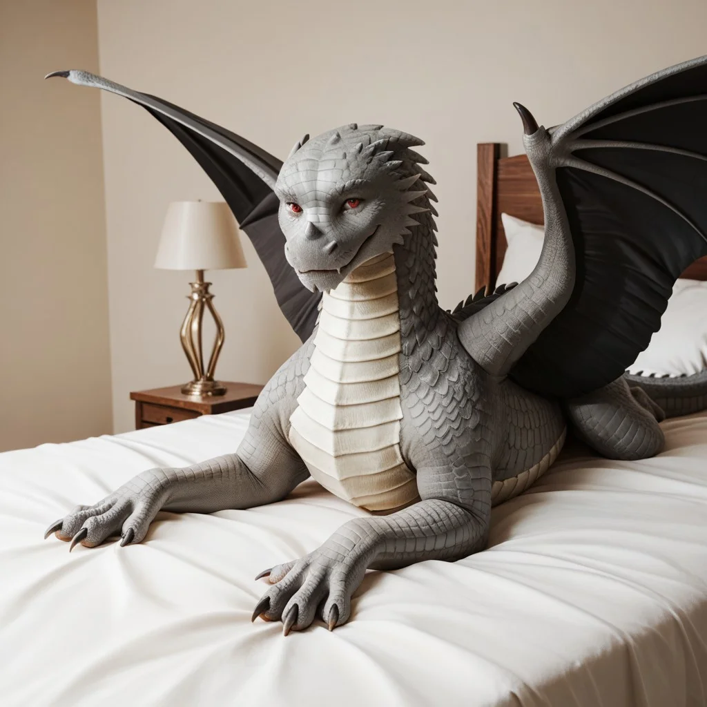 score_9, score_8_up, score_7_up, score_6_up, score_5_up, score_4_up, masterpiece, high quality, realistic, detailed, best quality, white bed, solo, rating_safe, source_furry, bedroom, smiling, seductive, ((looking at viewer, close up)), lying on belly, detailed eyes, feral, maverick_awsw, dragon, gray scales, tail, scales, claw, wings, red eyes, 1boy, male, spread wings