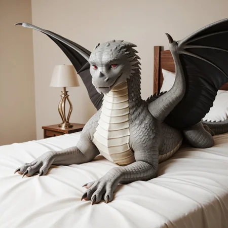 score_9, score_8_up, score_7_up, score_6_up, score_5_up, score_4_up, masterpiece, high quality, realistic, detailed, best quality, white bed, solo, rating_safe, source_furry, bedroom, smiling, seductive, ((looking at viewer, close up)), lying on belly, detailed eyes, feral, maverick_awsw, dragon, gray scales, tail, scales, claw, wings, red eyes, 1boy, male, spread wings