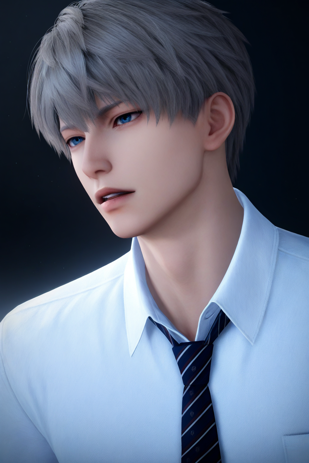 <lora:xavier-NAI:0.7>,xavier, 1boy, male focus, solo, necktie, blue eyes, striped necktie, shirt, collared shirt, short hair, upper body, parted lips, teeth, white shirt, grey hair,yaoi,bara,male focus,very awa,masterpiece,best quality,amazing quality,nsfw,uncersored,highres,best quality,amazing quality,best aesthetic,absurdres,