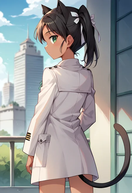 score_9, score_8_up, score_7_up, source_anime, masterpiece, 1girl, ctianfranc3sca, (tan:0.3), white uniform, white ribbon, neck ribbon, no pants, from behind, looking back, looking at viewer, outdoors, sunny, day, city, depth of field, cat ears, cat tail, <lora:Francesca_Lucchini_updated_v2_ct:1>,